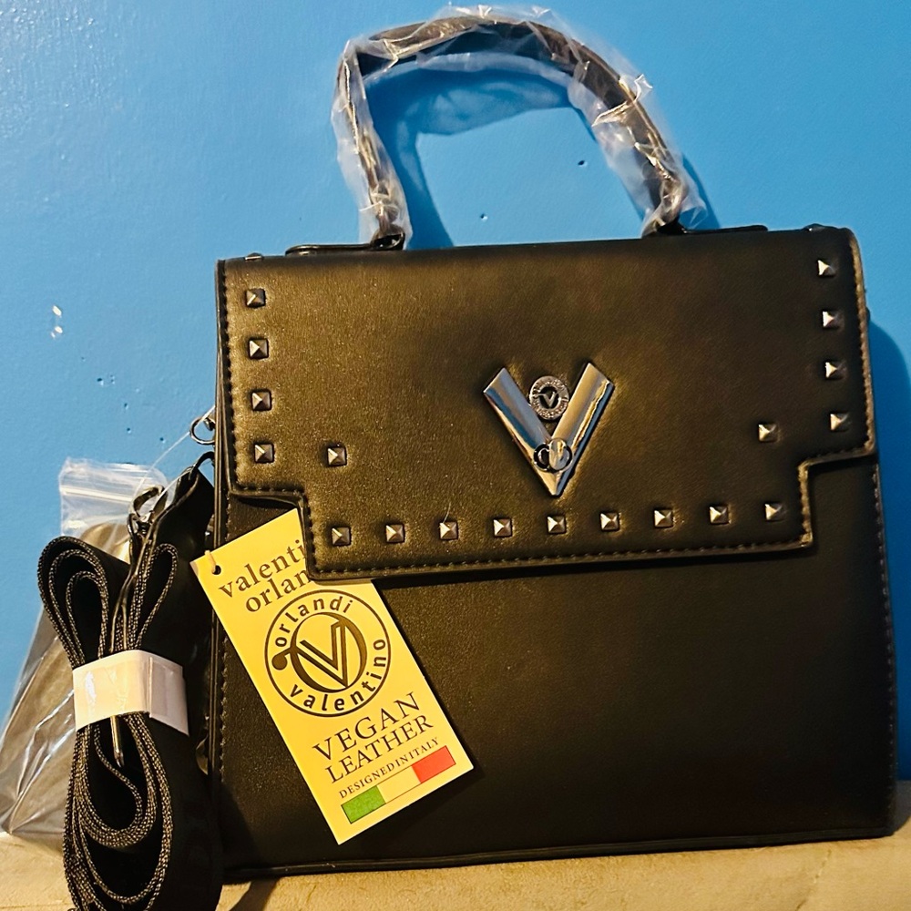 Valentino Orlandi Black Studded Vegan Leather Satchel NWT Gift Ready